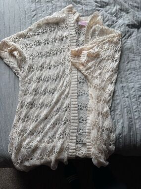 Pink Lily Cream Openwork Knit Cardigan
